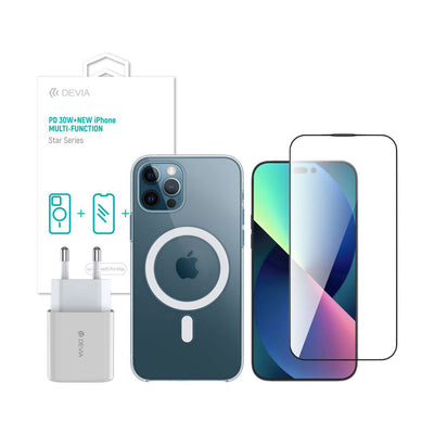 Pack de Accesorios Devia Star Cargador PD 30W + Vidrio Templado + Protector Case Shockproof MagSafe para iPhone 15