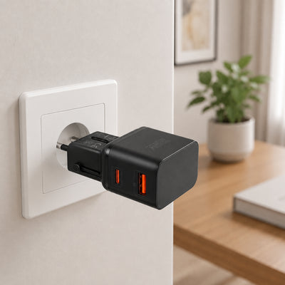 Cargador adaptador universal de viaje Promate 35W TriPlug Dual Usb-A/Usb-C